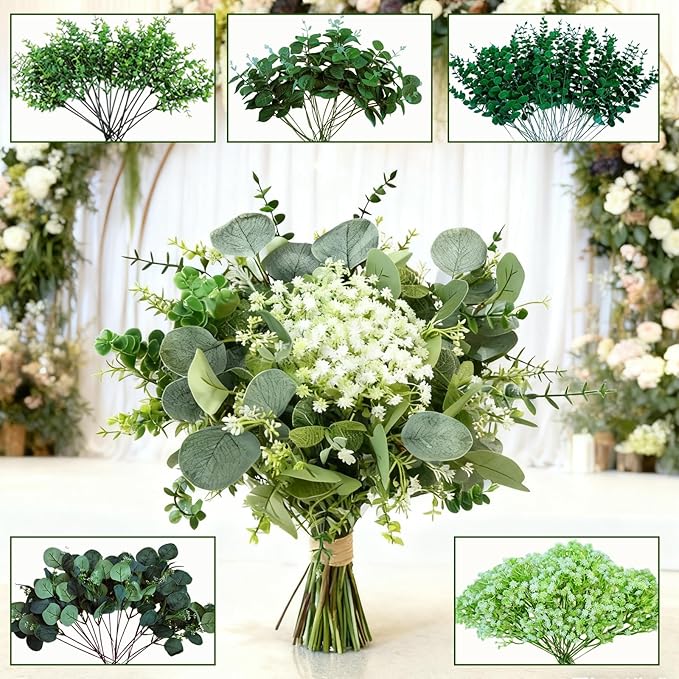 150 Packs 5 Kinds Artificial Greenery Stems Mixed Artificial Eucalyptus Wedding Bouquet Bulk Fake Eucalyptus Stems Greenery Leaves for Vase Wedding Home Table Decor DIY Bouquets (Green)