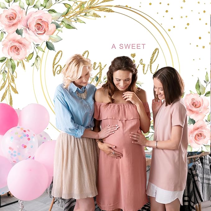 Mocsicka Floral Sweet Girl Baby Shower Backdrop It's a Girl Baby Shower Background Watercolor Pink Party Cake Table Decoration Photo Booth Props (7x5ft)