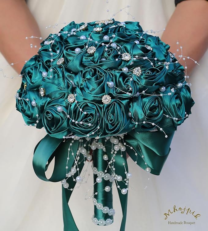 Bridal Wedding Bouquet Round Bling Brooch Bouquet Throw Toss Artificial Rose Flower Bunch for Bride Bridesmaid Wedding Quinceanera(Dark Green, 8.7")