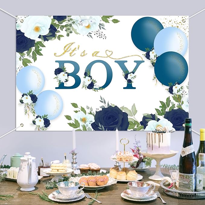 Floral It's a Boy Baby Shower Backdrop Banner Simple Style Flowers Theme Background Decor for Boys Newborn Baby Shower Party Decorations Photo Studio Props Supplies 72x43in-BECKTEN