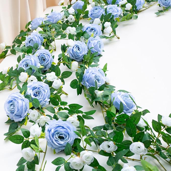 6FT Bendable Flower Garland, Artificial Rose Vine Hanging Floral Garland Decoration for Weding Home Room Wall Decor (Blue, 2pcs)