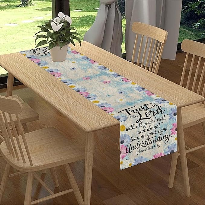 Daisy Flower Table Runner, Colorful Farmhouse Rustic Daisy Flower Print Linen Coffee Table Center Decor for Home Kitchen Dining Patio Holiday Party Indoor Outdoor Table Decorations 13x90 inch