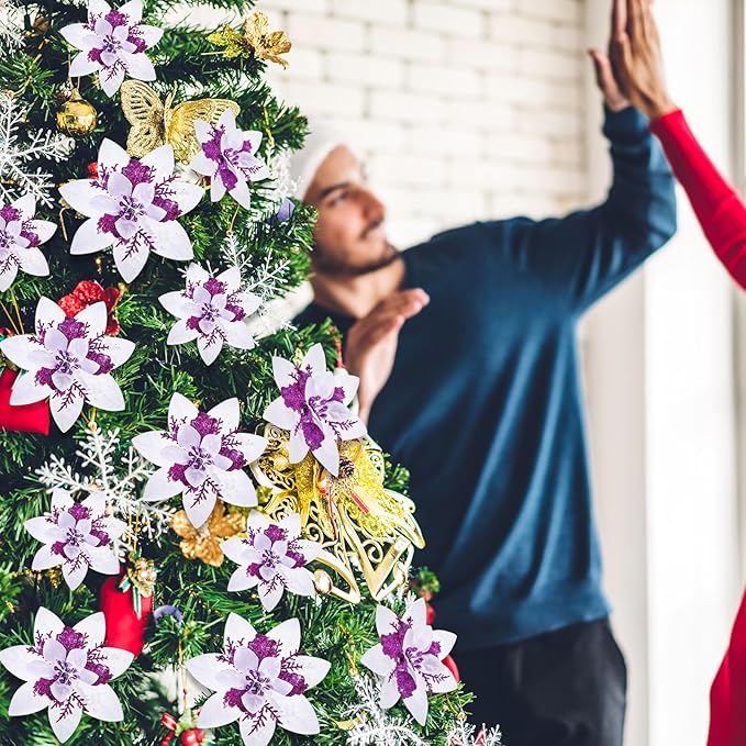 Geosar 24 Christmas Glitter Artificial Poinsettia Flowers Xmas Poinsettia Artificial Wedding Flowers Decorations Xmas Tree Ornaments with Clips for Party Favors, 6 Inch, 4 Inch, 3 Inch (White Purple)