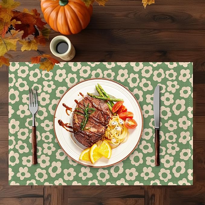 Groovy Green Flower Placemats Set of 6,Washable Heat Resistant 12×18 Inch Linen Table Mats Daisy Place Mats for Party Outdoor Dining Décor
