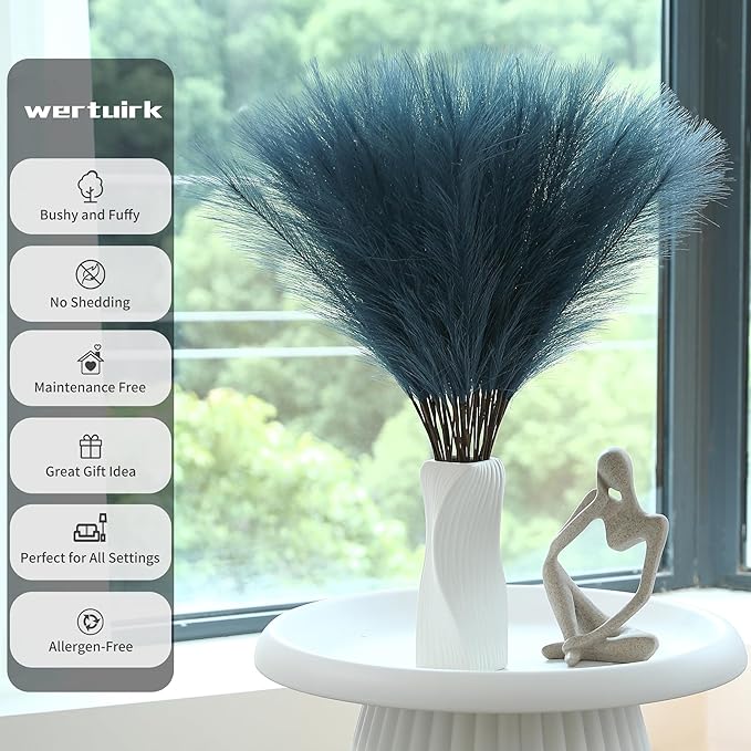 60pcs Blue Pampas Grass - 24 Inch Faux Pampas Grass Decor , Tall Pompas Grass for Floor Vase, Table Centerpieces, Wedding, Party and Blue Living Room Decor