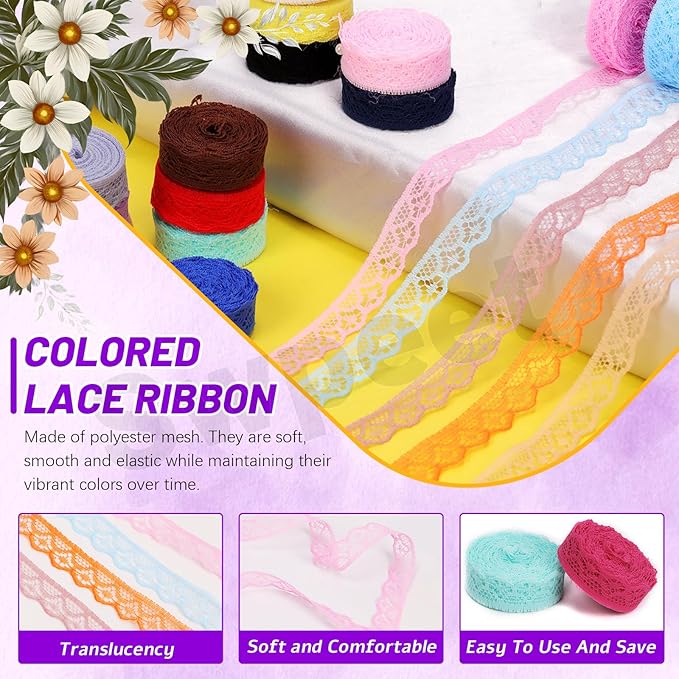 Swpeet 20 Rolls in Total 200 Yards 1.5cm×10 Yards Colorful Lace Ribbon Floral Pattern Fabric Lace Ribbon, Vintage Lacing Trim Ribbons, Crafting Lacing for Decorating, Gift Wrapping, Wedding