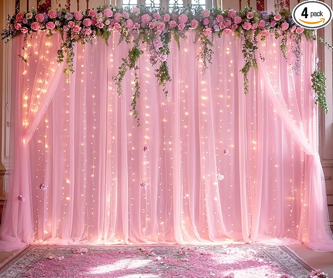 20ft x 10ft Pink Tulle Photo Backdrop Curtain with Lights String for Baby Shower Sheer Baby Pink Curtain Backdrop for Birthday Party Wedding Photo Booth Photography Background Decorations