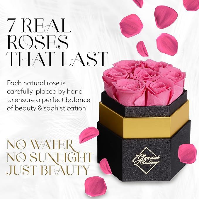 GLAMOUR BOUTIQUE Eternal Preserved Roses in a Box - Flowers Forever, Rose Forever in a Box for Wife, Birthday Gifts for Her, 7 Roses, Pink