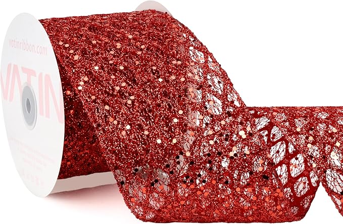 VATIN 4" Red Fall Ribbon, Red Glitter Mesh Diamond Web Sequin Dots Wired Christmas Ribbon for Gift Wrapping Bow Making Wreath Supply-10 Yards