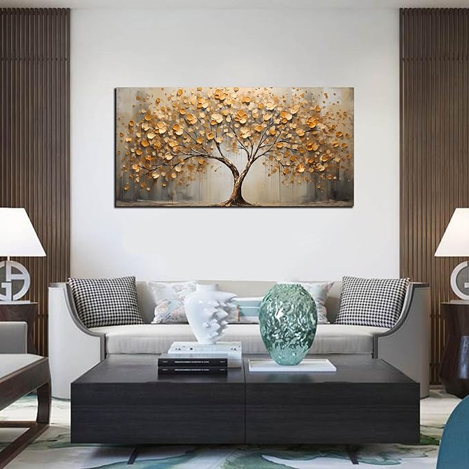 Gold Tree Pictures Wall Art for Living Room - Abstract Canvas Wall Art for Office - Modern Bedroom Wall Decor Above Bed Size 24" x 48"