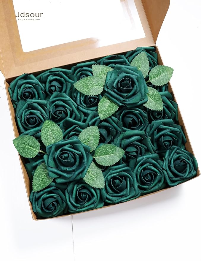 50pcs Artificial Flower，Real Touch Foam Roses w/Stem DIY for Wedding Bouquet Centerpieces Party Shower Home Decor-Green boxpack