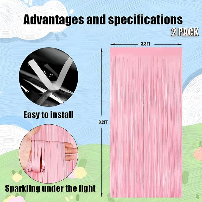 Keyali 2 Pack 3.3 * 8.3 ft Foil Curtain Metallic Tinsel Fringe Curtains Photo Booth Props Backdrop for Birthday Wedding Engagement Baby Shower Christmas Holiday Celebration Party，Pastel Pink