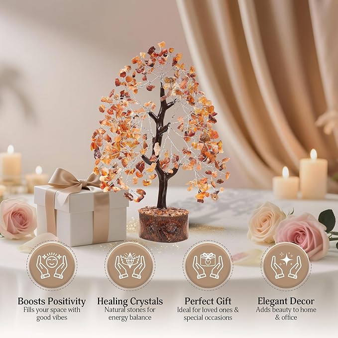 FASHIONZAADI Crystal Tree of Life Home and Office Feng Shui Decor, Carnelian Healing Crystal Handmade Bonsai Tree for Positive Energy, Good Luck, Money, Christmas Decor, Birthday Gifts for Women, Mom