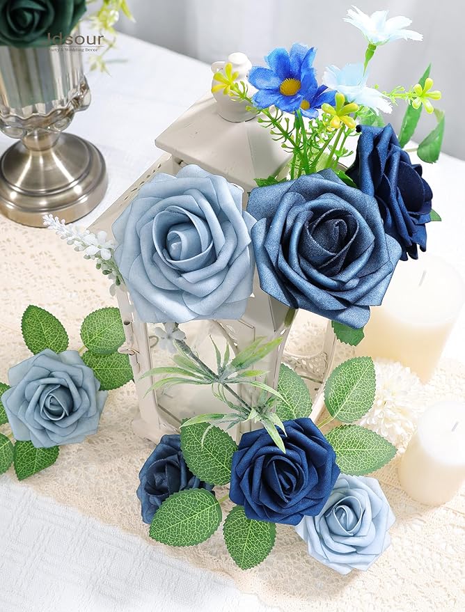 25pcs Artificial Flower，Real Looking Foam Roses w/Stem for DIY Wedding Bouquets Centerpieces Bridal Shower Party Decor-Shades of Navy Blue