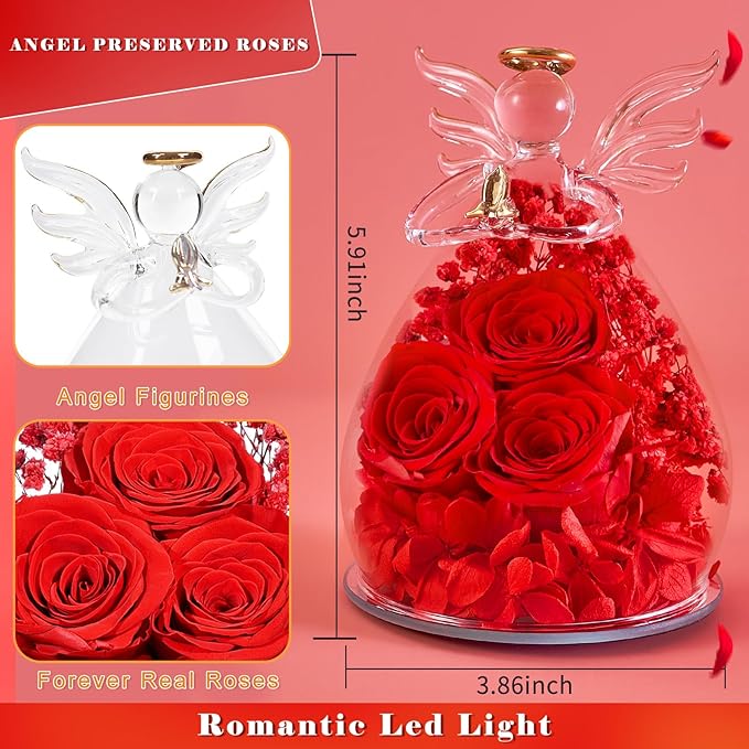 Beferr Christmas Birthday Gifts for Women, Mom Gifts for Christmas Fresh Flowers for Delivery Prime Forever Preserved Rose in Glass Angel Figurine Xmas Gifts for Grandma Wife Sister Her, Red