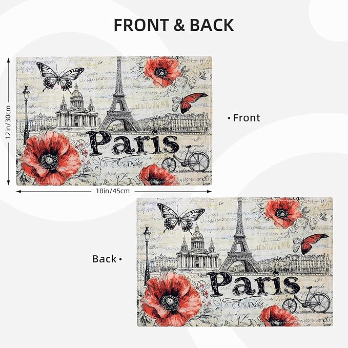 Paris Placemats Set of 4, French Eiffel Tower Place Mats, Poppies Dining Table Mats, Retro Washable Placemats for Kitchen Dining Room Home Decor 18L'' × 12W''