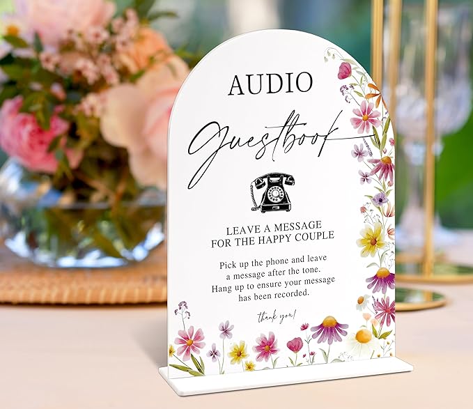Audio Guest Book Sign for Wedding Table Decor, Wild Flower Arch Acrylic Wedding Signs for Reception, Floral Bridal Shower Engagement Party Decorations for Baby In Bloom Baby Shower