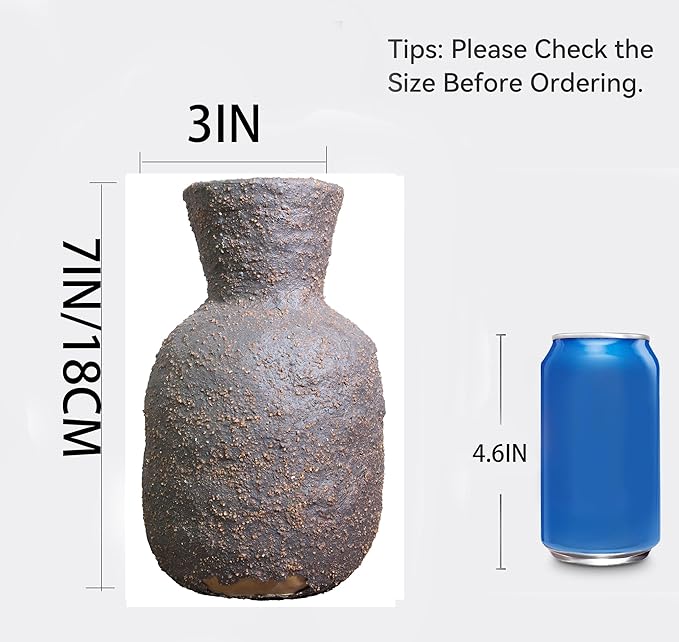 Rustic Textured Clay Vase - 7IN Round Ceramic Vase Vintage Farmhouse Style Decor, Circle Wabi Sabi Vases for Farmhouse Home Decor, Decor Living Room, Table, Shelf (brown2)