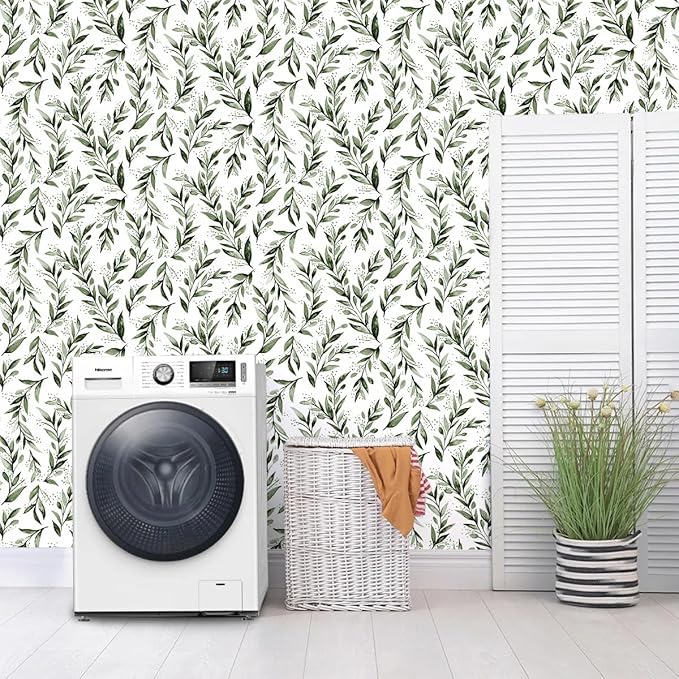 Erfoni Green Leaf Peel and Stick Wallpaper Floral Contact Paper 17.7inch x 393.7inch Greenery Leaves Self Adhesive Wallpaper Peel and Stick Olive Botanical Flowers Wall Paper Decoration Vinyl Film