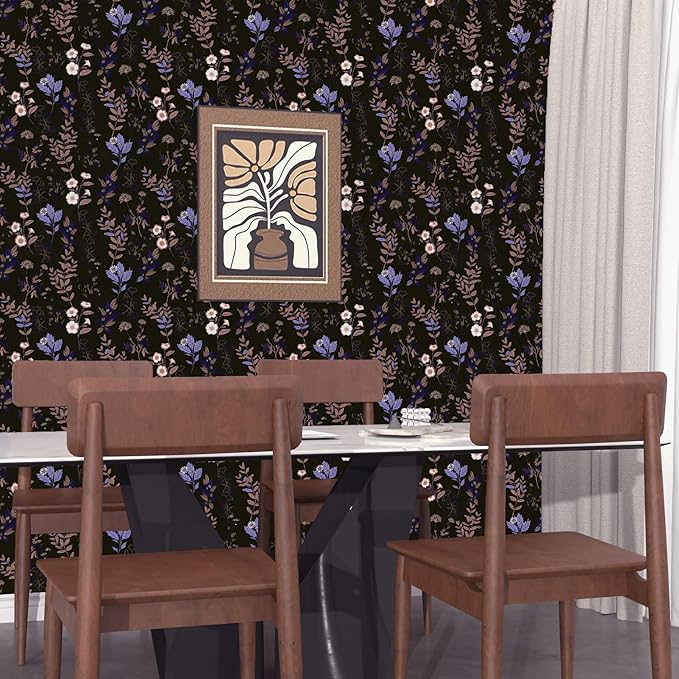 Black Floral Wallpaper Peel and Stick Purple Leaf Contact Paper 17.4" X 118" Moody Dark Wallpaper Waterproof Self-Adhesive Vintage Wall Covering for Bedroom Countertop Desk Cabinets Decor