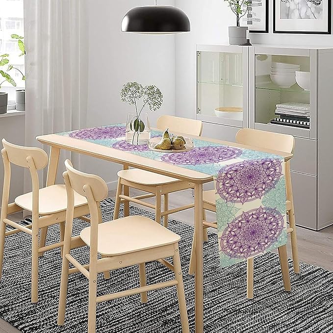 Boho Mandala Table Runner, Purple Blue Bohemian Floral Table Decor Runner for Kitchen Dining Indoor Outdoor Party Decoration, 13x60 Inch