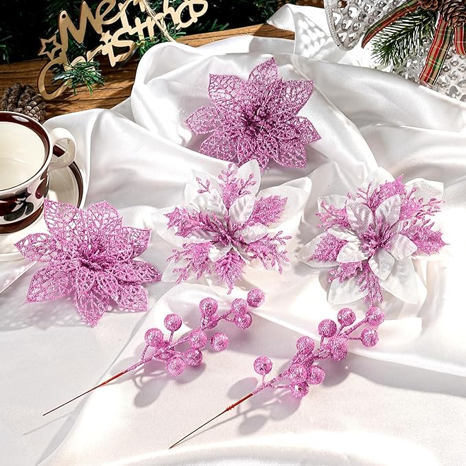 24Pcs Christmas Poinsettia Artificial Flowers and Glitter Berries Kit, 2 Styles Total 16Pcs Christmas Tree Flowers Ornaments, 8Pcs Christmas Tree Picks for Wedding Holiday Decorations, Pink
