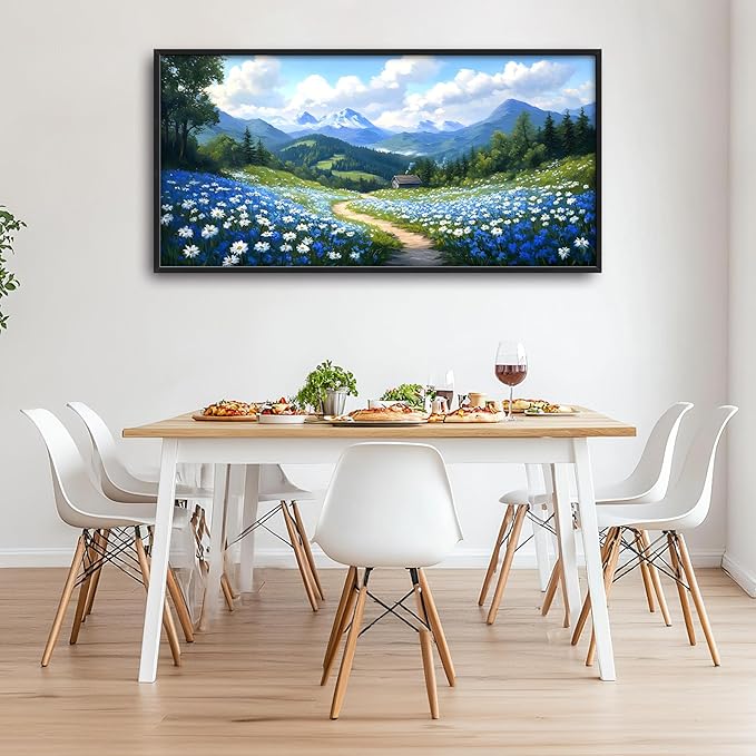 Mountain Large Wall Art Framed Wall Decor for Living Room Countryside Wildflowers Pictures Oversized Canvas Print Painting Modern Extra Large Framed Artwork for Bedroom Office 60"x30"