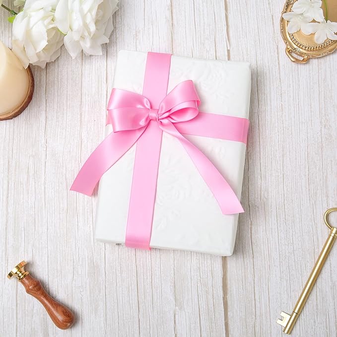 Pink Double Face Satin Ribbon 1 Inch x 45 Yards White Fabric Ribbon for Gift Wrapping, Flower Bouquets, Hair Bows Making, Wedding Decoration, Invitation Cards, Christmas (3 Rolls *15Yd)