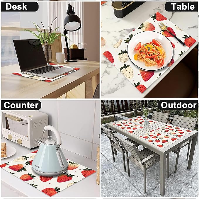 Sweet Strawberry Placemats Set of 6 Washable Table Mats Spring Summer Fruit Heat-Resistant Cotton Linen Place Mats for Dining Table Kitchen Indoor Outdoor Party Holiday Decor