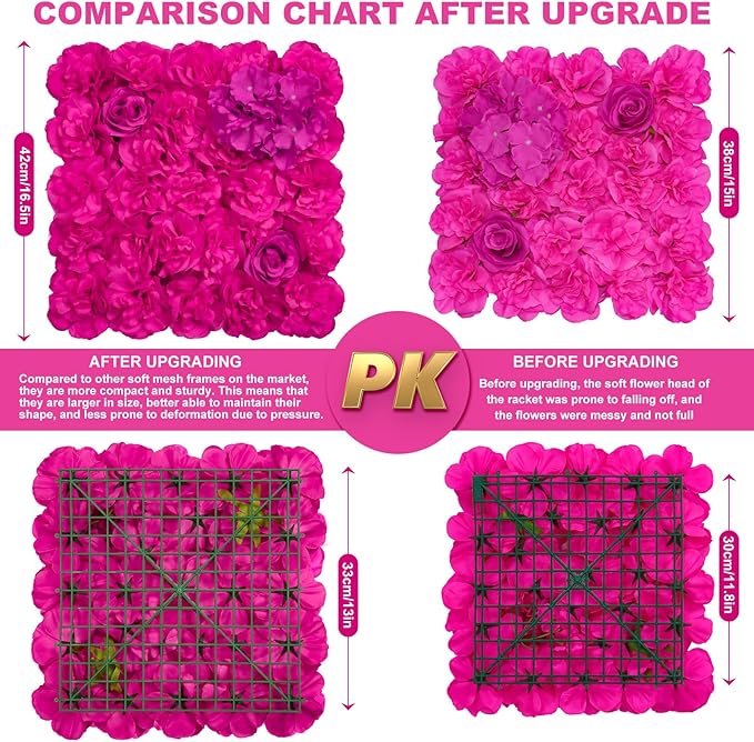Artificial Flower Wall Backdrop 9 PCs of 16.5x16.5 Inch Floral Wall Panels 3D Silk Rose Wall Decor for Weddind Stage Party Photo Background Home Decoration-Barbie Pink