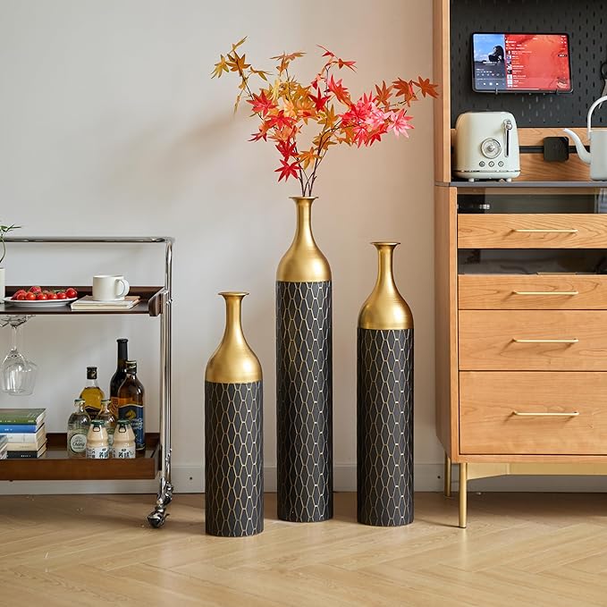 Floor Vases, Tall Home Decor Metal Vase Set of 3 Large Glazed Decorative Vases for Wedding Decor, Elegant Modern Flower Holder for Living Room, Entryway, Hallway, Dining Room