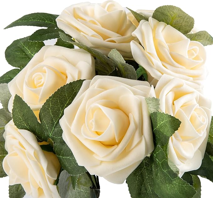 Artificial Flower Foam Rose 25pcs Real Looking Fake Rose with Stems Leaves for Home Decoration Party Garden Centerpieces DIY Wedding Bouquets（Champagne）