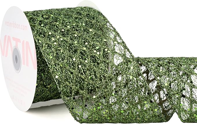 VATIN 4" Moss Green Christmas Ribbon, Green Glitter Mesh Diamond Web Sequin Dots Wired Christmas Ribbon for Gift Wrapping Bow Making Wreath Supply-10 Yards