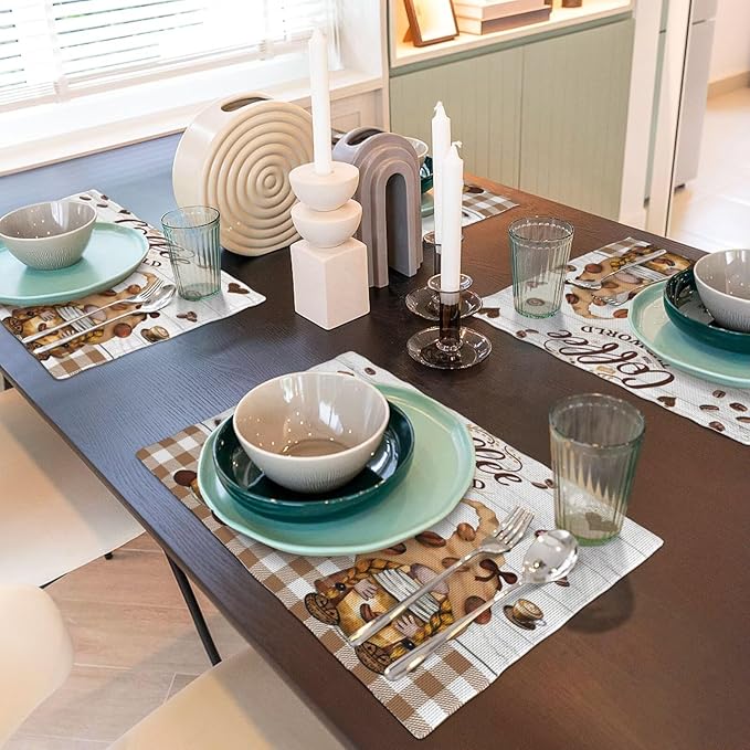 Coffee Gnomes Linen Placemats Set of 4 Brown Buffalo Plaid Placemat Indoor Outdoor Party Home Desktop Kitchen Dining Room Decoration 12x18 Inch