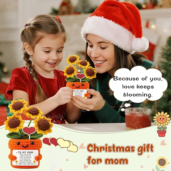 Mini Sentimental Gifts for Mom – Handmade Crochet Sunflower Mothers Day Birthday Gifts for Mom from Daughter Son Thank You Appreciation Gift You Are Loved Positive Reminder Christmas Stocking Stuffers