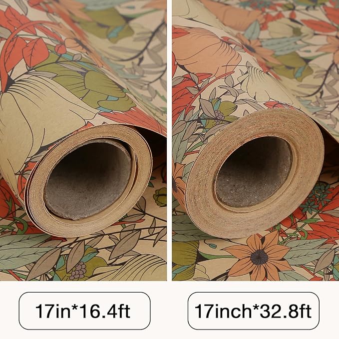 Aimyoo Kraft Floral Wrapping Paper Roll - Mini Roll - 17 Inch x 32.8 Feet - All Occasion Vintage Flower Gift Wrap Paper for Mother's Day Wedding Birthday Bridal Shower