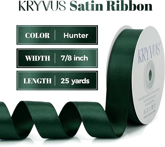 Hunter Green Satin Ribbon, Double Faced 7/8 Inch X 25 Yards Hunter Green Ribbon, Premium Satin Ribbon for Gift Wrapping, Crafts, Hair Bow Making, Sewing, Flower Bouquet, Wedding Party Decor
