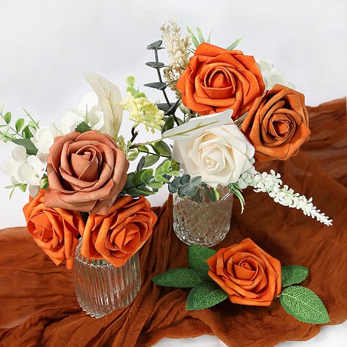 Meldel Artificial Flower 25pcs Real Looking Orange Fake Foam Roses with Stems for DIY Wedding Bouquets Gifts Bridal Shower Crafts Faux Floral Centerpieces Arrangements Home Party Tables Decorations