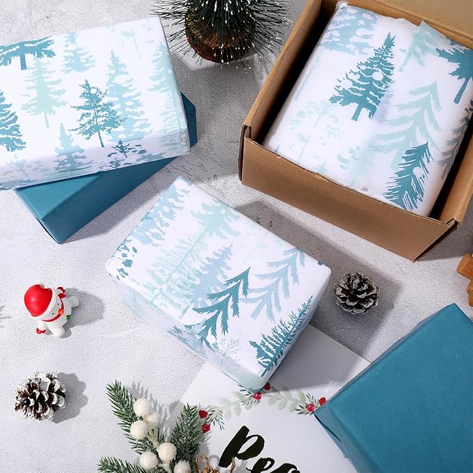 Whaline 100 Sheets Christmas Tissue Paper Blue Xmas Tree Gift Wrapping Paper Decorative Art Paper for Winter Home Party DIY Crafts Supplies, 14 x 20 Inch
