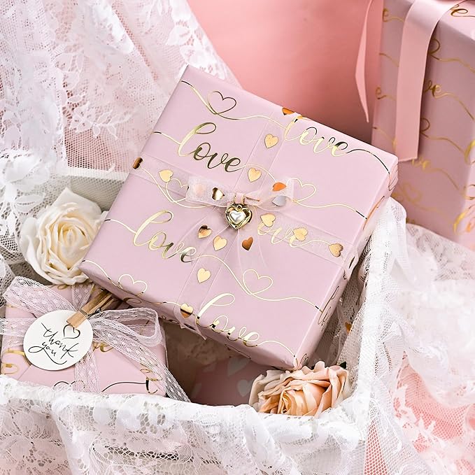 Afucus Pink Gold Foil Love Wrapping Paper, Reversible Mini Roll Gift Wrapping paper for Valentine's Day, Mother's Day, Wedding shower for brides (17 Inch X 33 Feet)