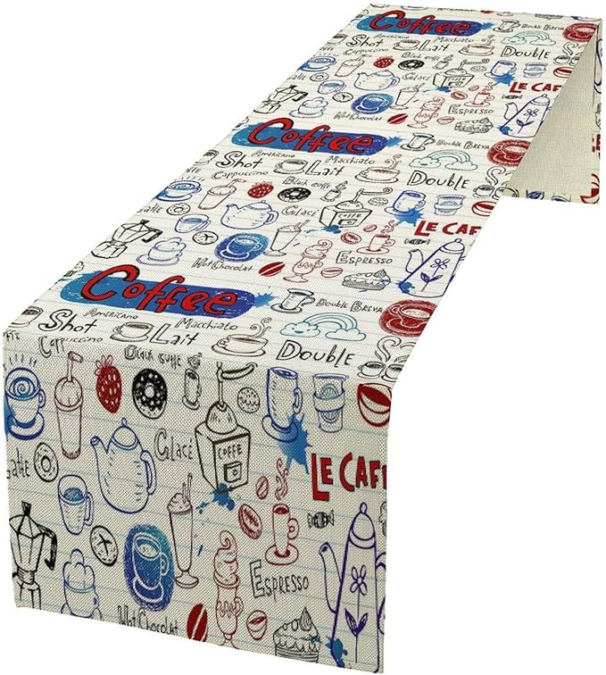 Coffee Theme Table Runner Coffee Time Retro Farmhouse Dinner Runner for Kitchen Dining Coffee Table Decoration Cabin Home Holiday Party 13x70in
