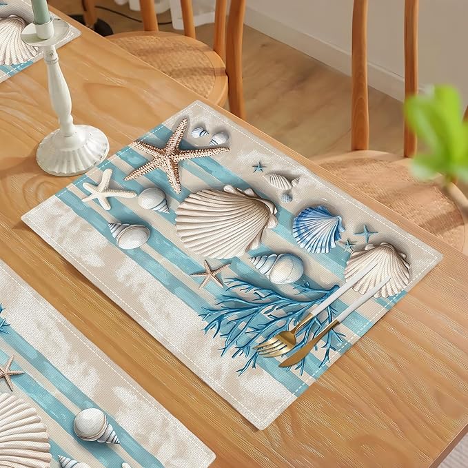 Summer Sea Shell Placemats Set of 6, Coastal Starfish Place Mats, Rustic Summer Ocean Dining Table Mats, Washable Placemats for Kitchen Dining Room 18L'' × 12W''