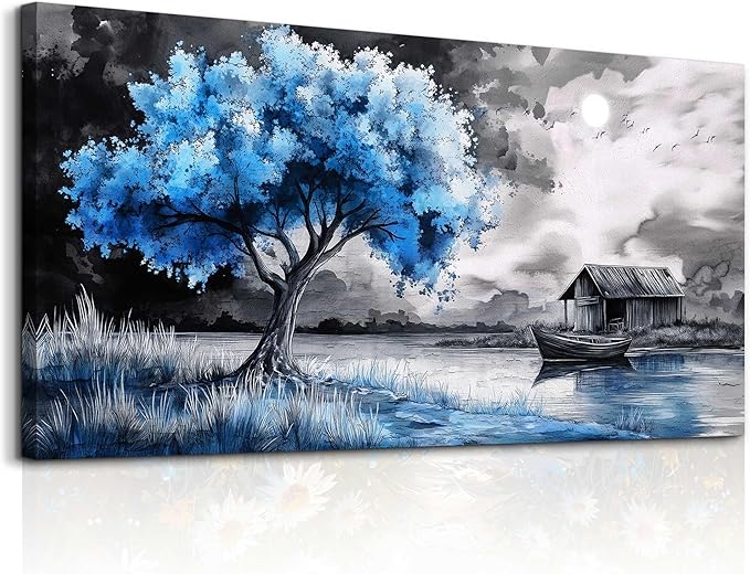PHAOHUAXM large Wall Art For Living Room Bedroom Wall Decor Black White Scenery And Blue Trees Wall Painting Modern Home Decoration For Room Office Restaurant Canvas Art Prints Home Decor 20x40 In