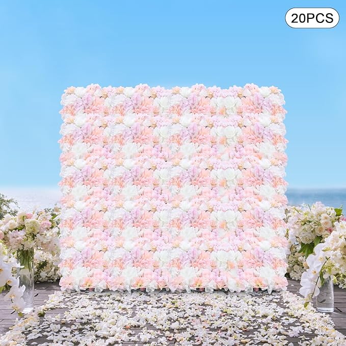 20PCS Artificial Flower Panels, Pink Silk Wedding Flower Panels Banquet Flowers Board, Flower Backdrop Wall for Photo Party Wedding Background Decor