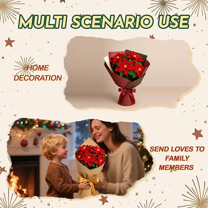 500Pcs Special Poinsettia Pipe Cleaners Craft Kit, All-in-One DIY Christmas Flower Making Supplies with Chenille Stems, Floral Wire, Floral Tape, Stamen, Ribbon for Holiday Decorations