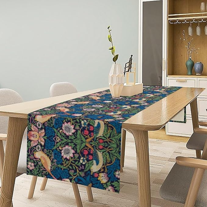 William Morris Floral Table Runner, Vintage Flowers Blue Botanical Printed Table Runner for Home Kitchen Dining Table Decoration,13x70 Inch