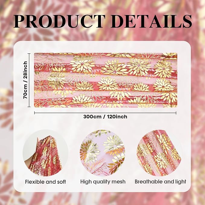 Artoid Mode 3PCS Red Gold Dahlia Flower Gauze Table Runner 120 Inch 10FT, Glitter Metallic Foil Seasonal Sheer Dining Holiday Table Decor for Home Party