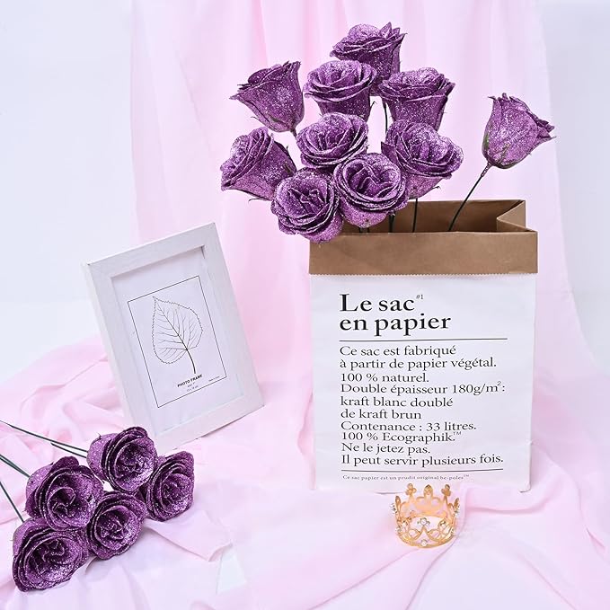 Waipfaru Glitter Roses Bouquet, DIY Lilac Fake Flowers Bouquet, Birthday Gifts for Women Mom, 24 Pcs Rose for Grandma Wife Girlfriend Valentines, Mothers Day, Anniversary, Graduation