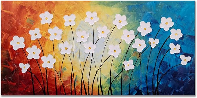 Yihui Arts Hand Painted Textured Flower Canvas Art: Rainbow Hues White Blossoms Abstract Wall Decor for Living Room, Bedroom & Office