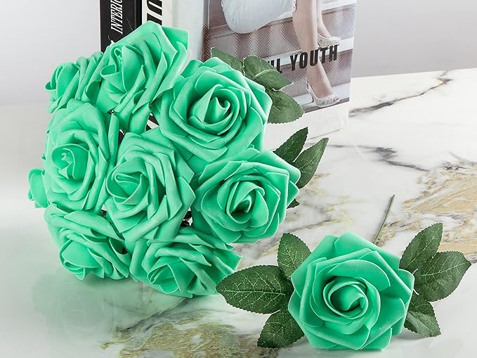 Artificial Flower Foam Rose 25pcs Real Looking Fake Rose with Stems Leaves for Home Decoration Party Garden Centerpieces DIY Wedding Bouquets（Tiffany）